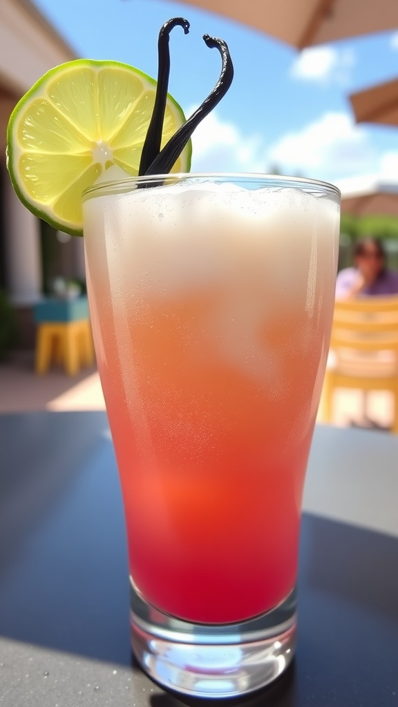 Vanilla Tequila Cream Soda in a glass with a lime wedge and vanilla bean, outdoors.